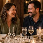 Smiling couple celebrating their 15th anniversary at an elegant candlelit dinner table with wine glasses