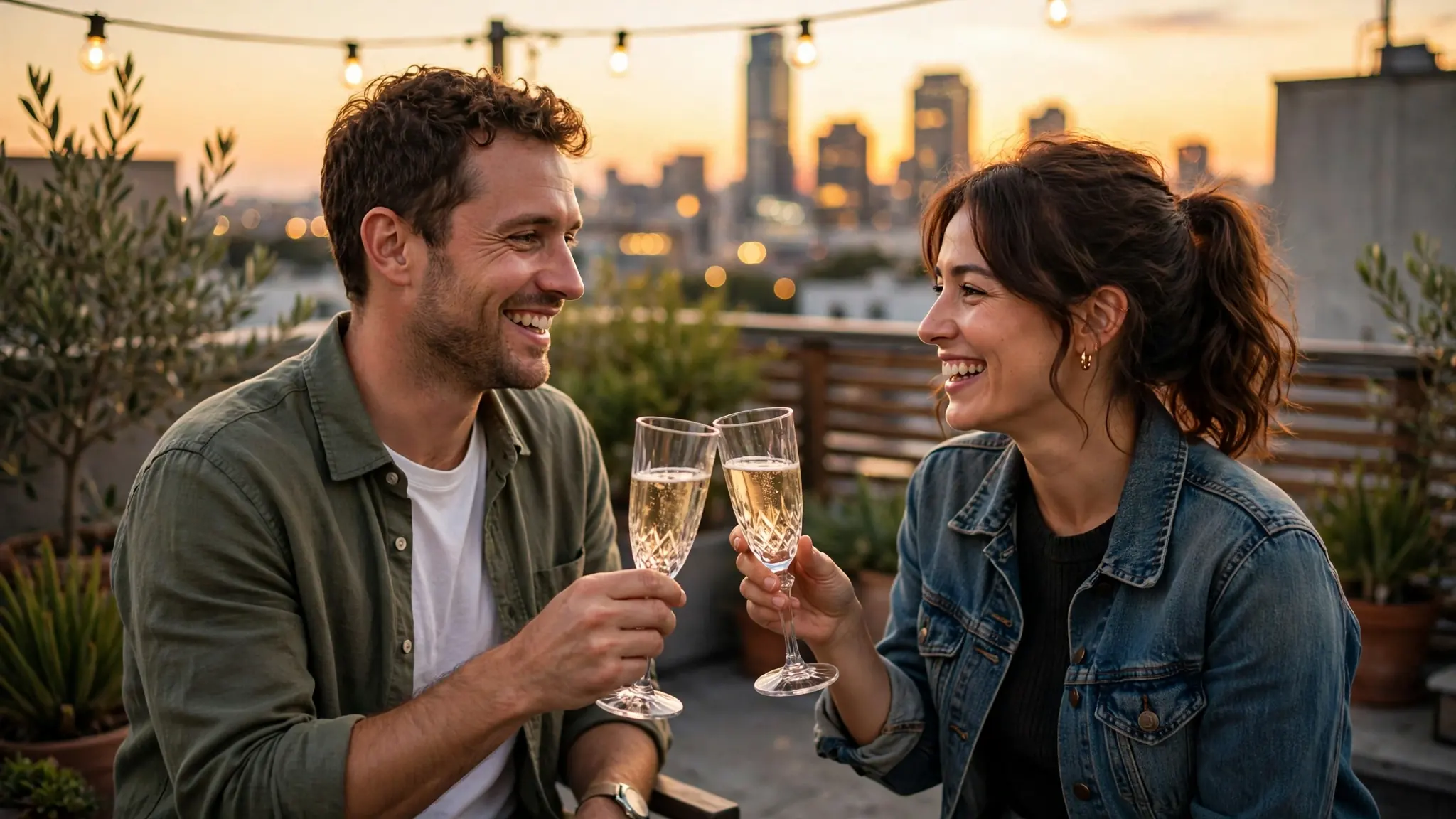 Smiling couple toasting with crystal champagne flutes at sunset