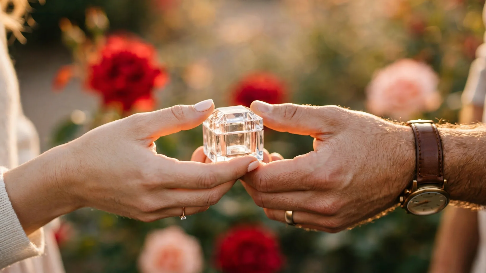Couple holding crystal gift box with red roses