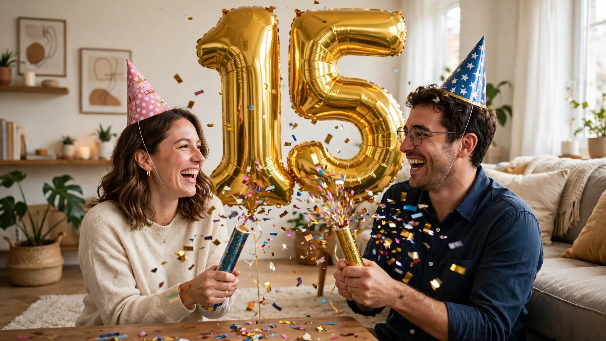 Laughing couple with confetti and gold 15 balloons