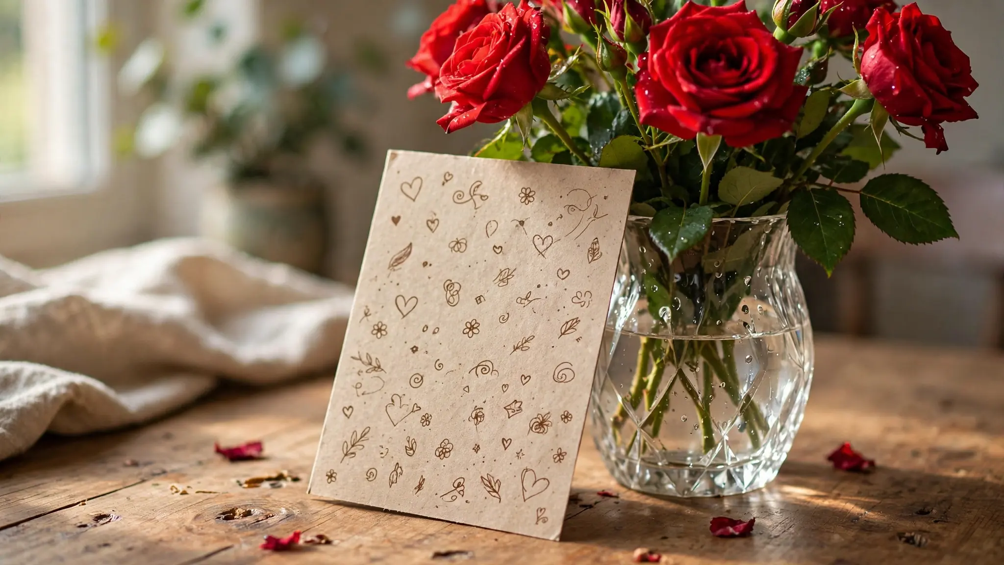 Handwritten anniversary card by crystal vase of roses