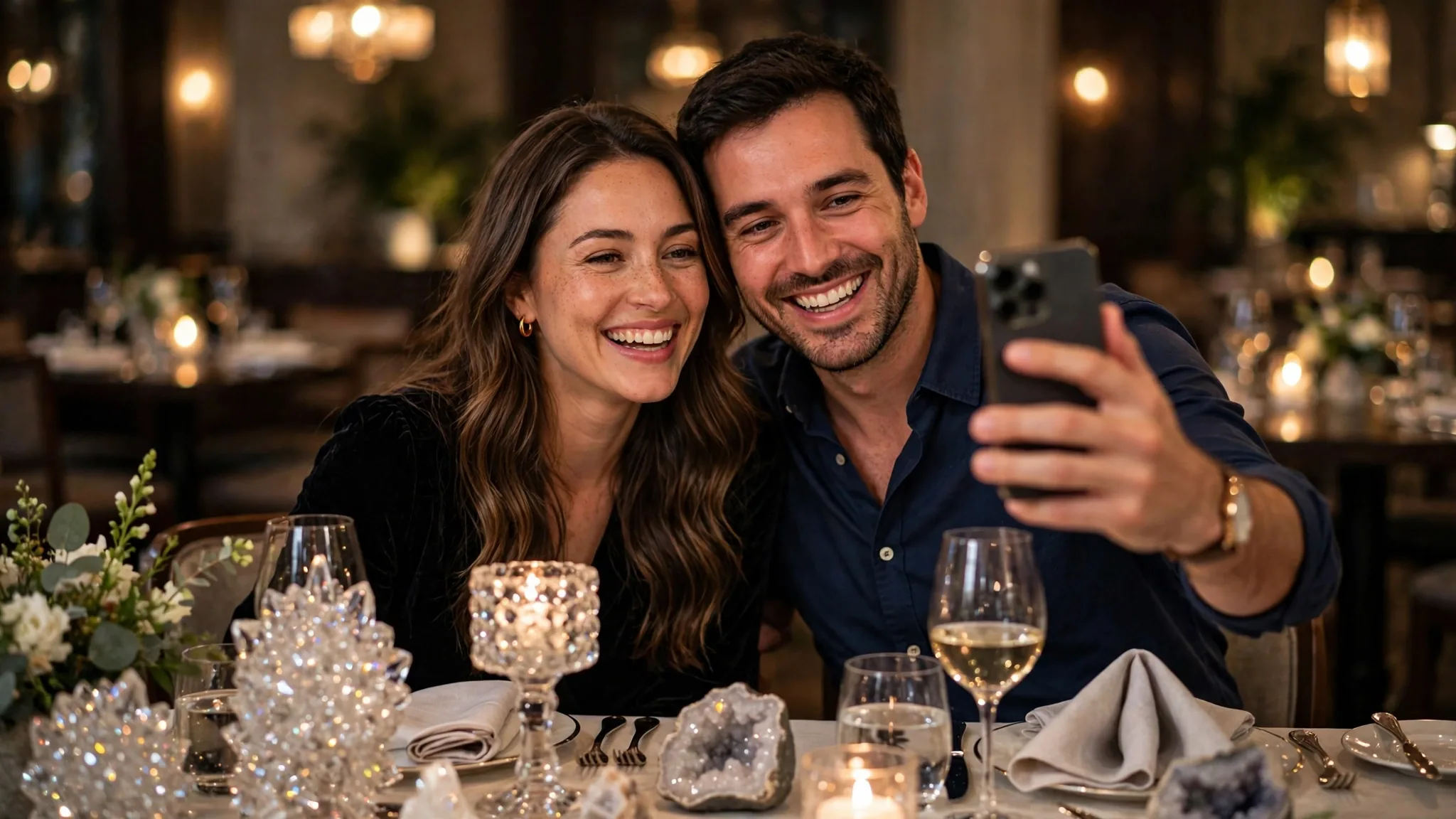 Happy couple selfie at elegant anniversary dinner