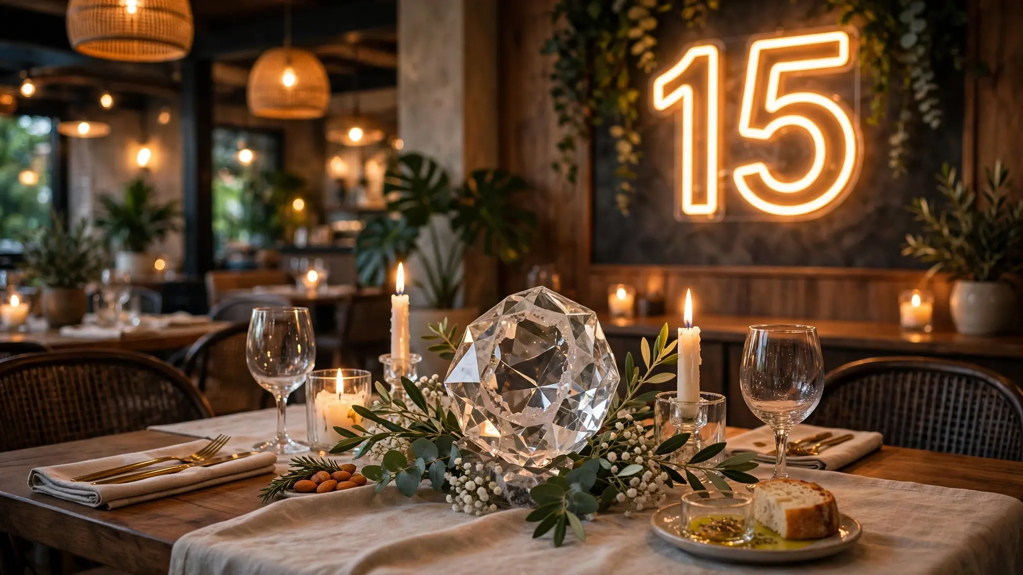 Anniversary table with crystal centerpiece and 15 neon sign