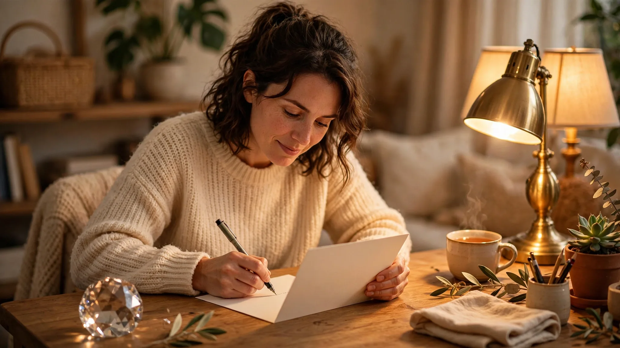 Person writing anniversary card at cozy desk