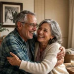 Happy older couple embracing in a cozy sunlit living room