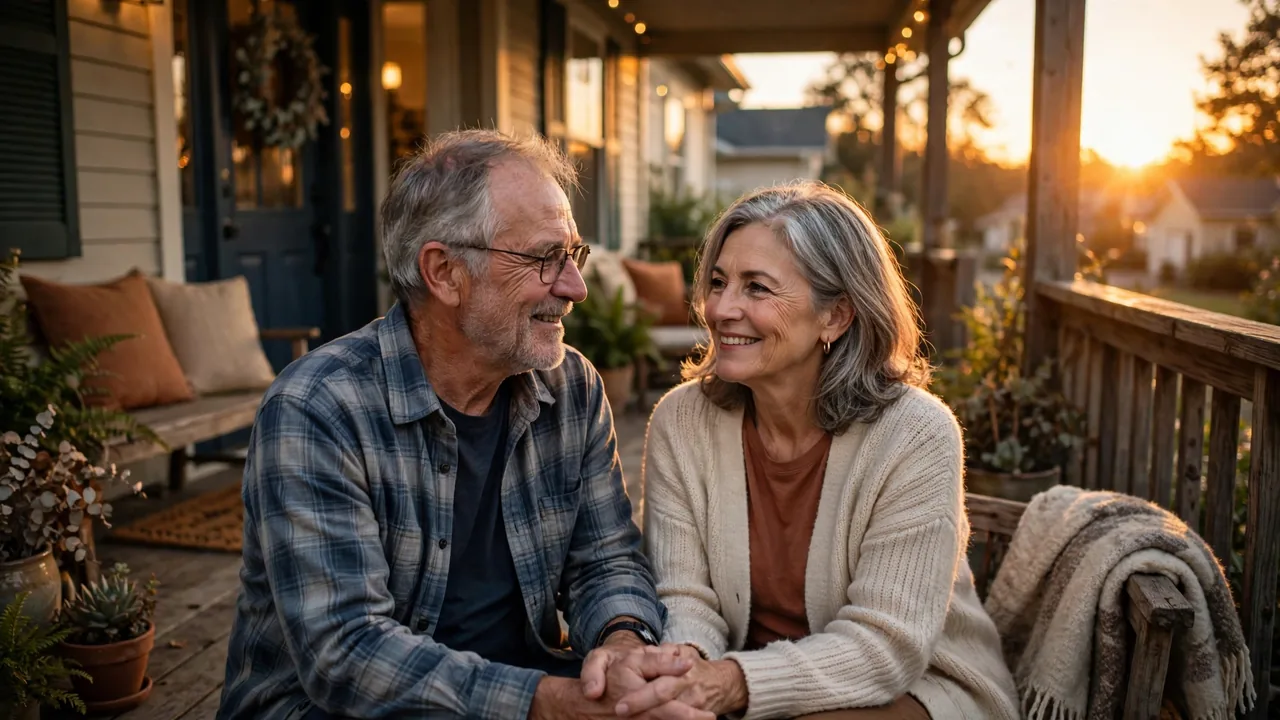 Older couple holding hands at sunset on their porch