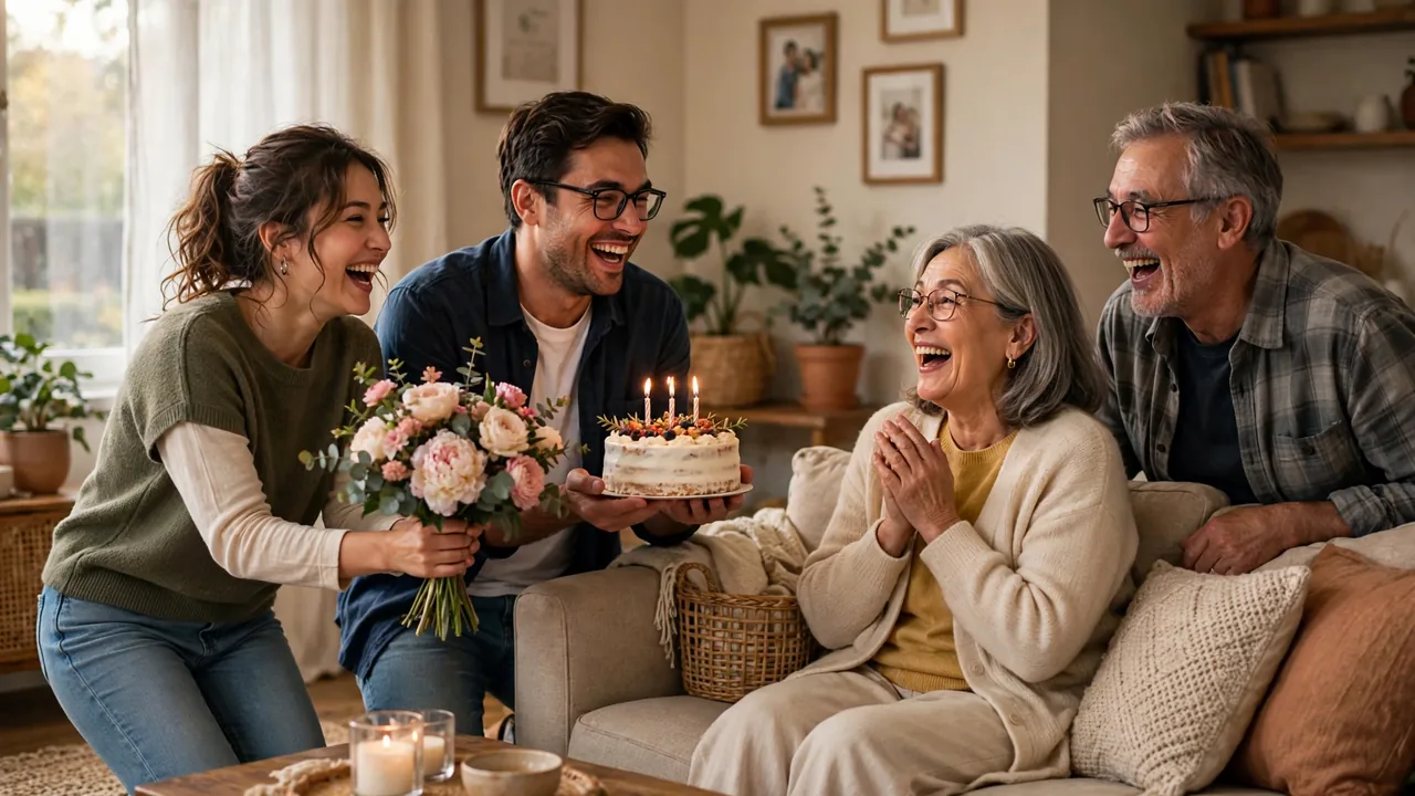 Adult children surprising parents with flowers and cake