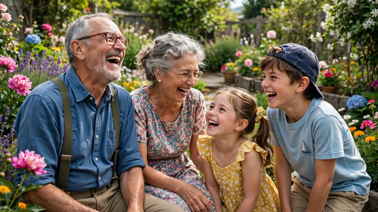 Grandparents laughing with grandchildren in garden
