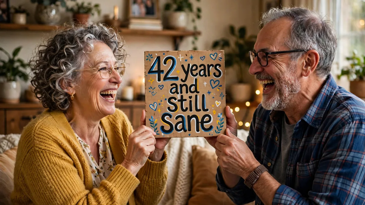 Playful older couple holding funny 42 years sign