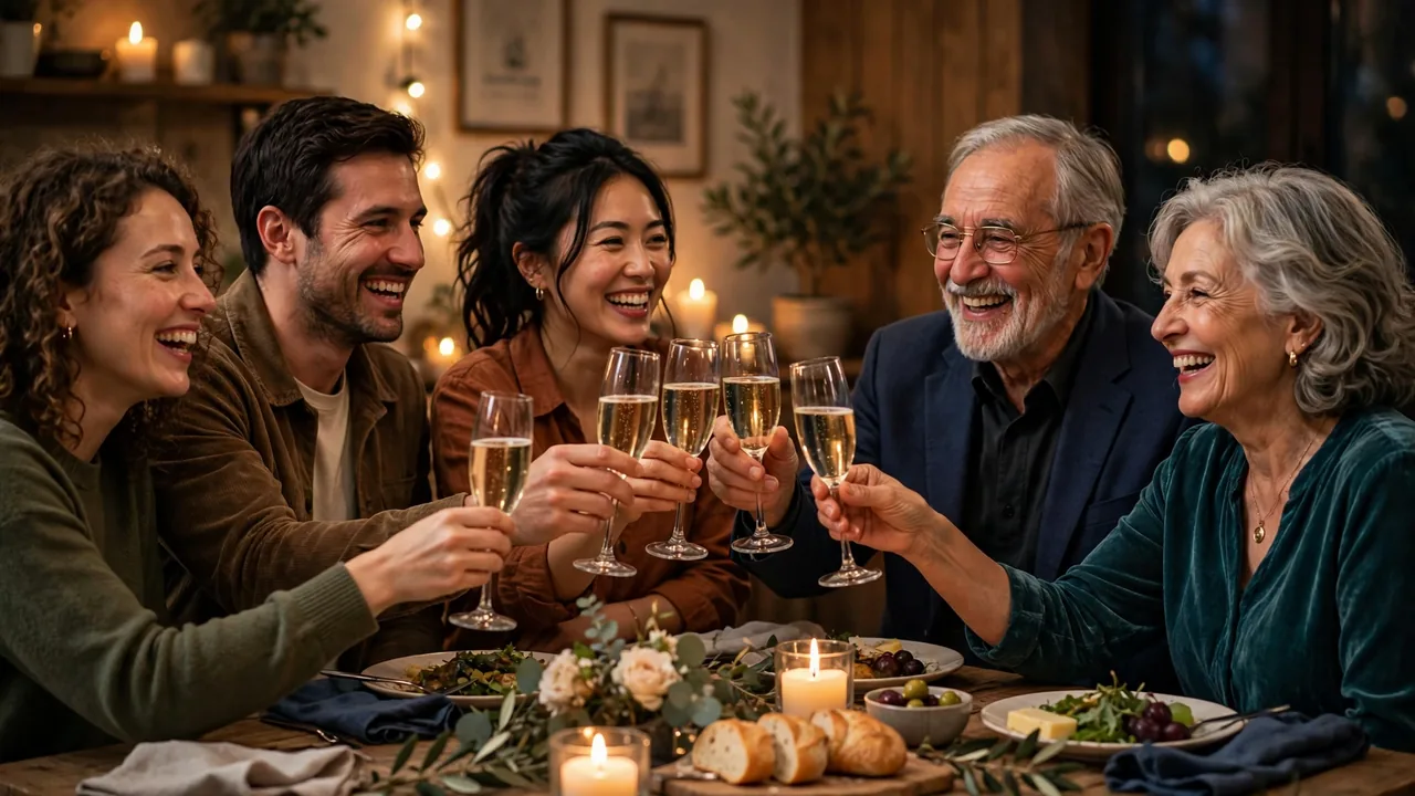 Friends toasting anniversary couple at dinner party
