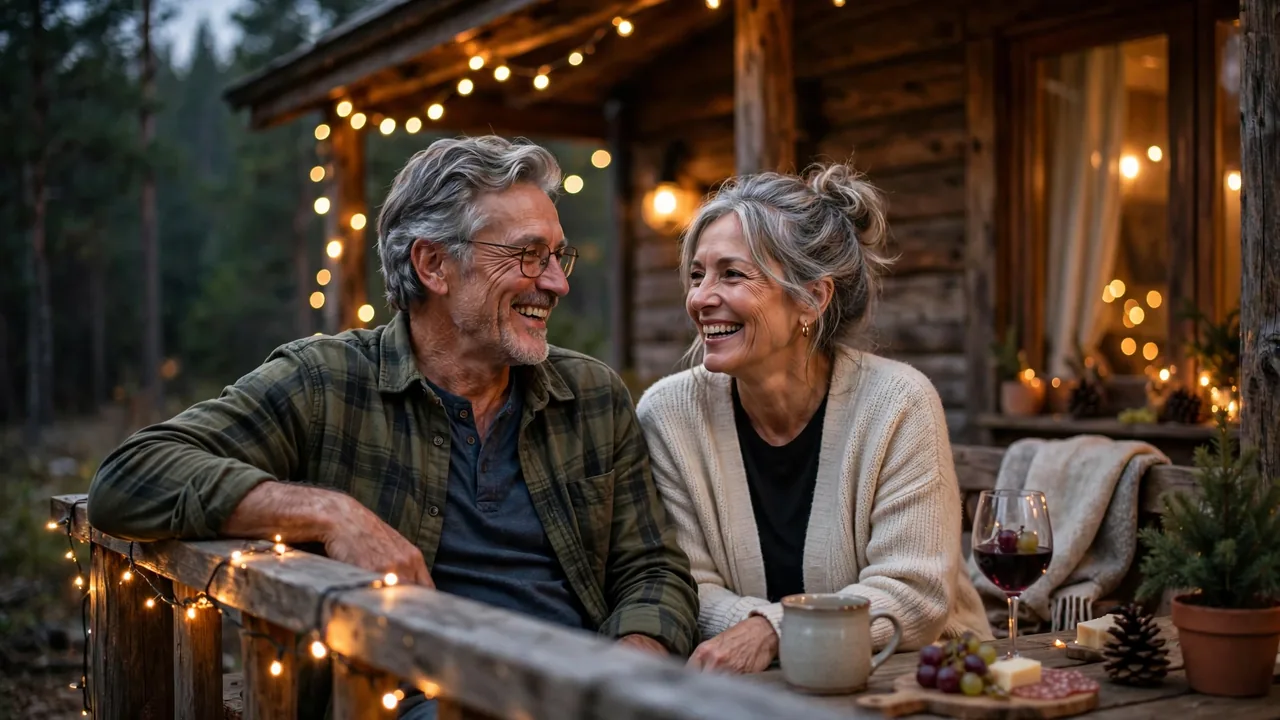 Couple enjoying romantic weekend getaway at cozy cabin