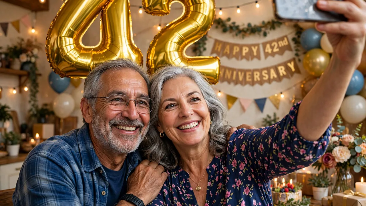 Couple selfie with golden 42 balloons at anniversary party