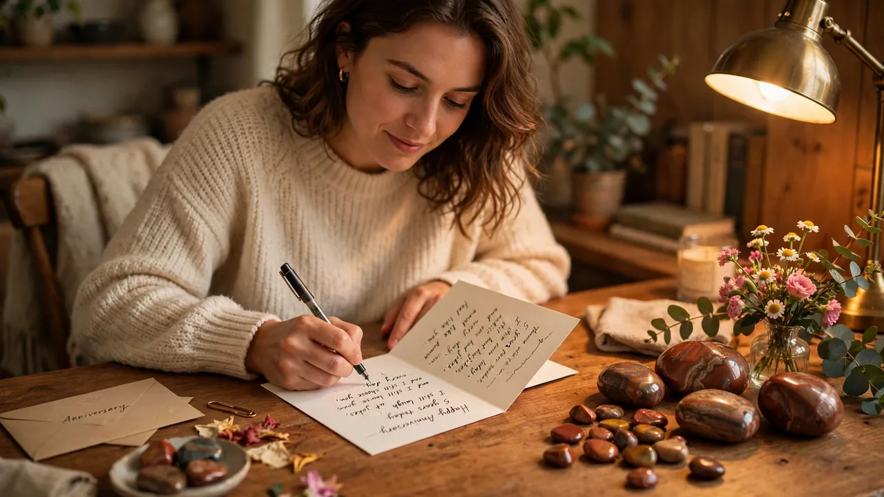 Person writing anniversary card at warm wooden desk