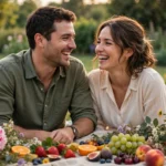 Smiling couple celebrating their 4th wedding anniversary together at a table decorated with flowers and fruit