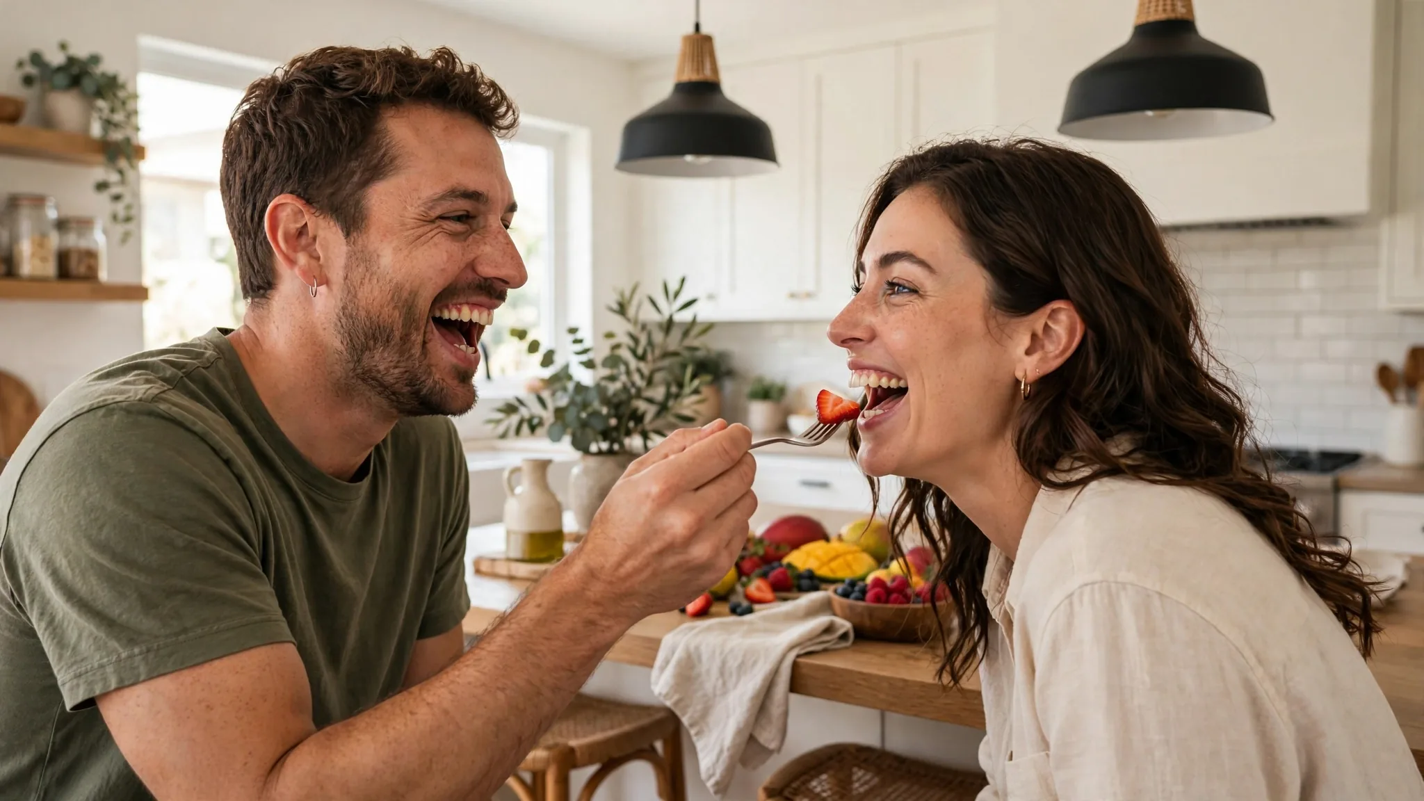 Laughing couple playfully feeding each other fruit in kitchen