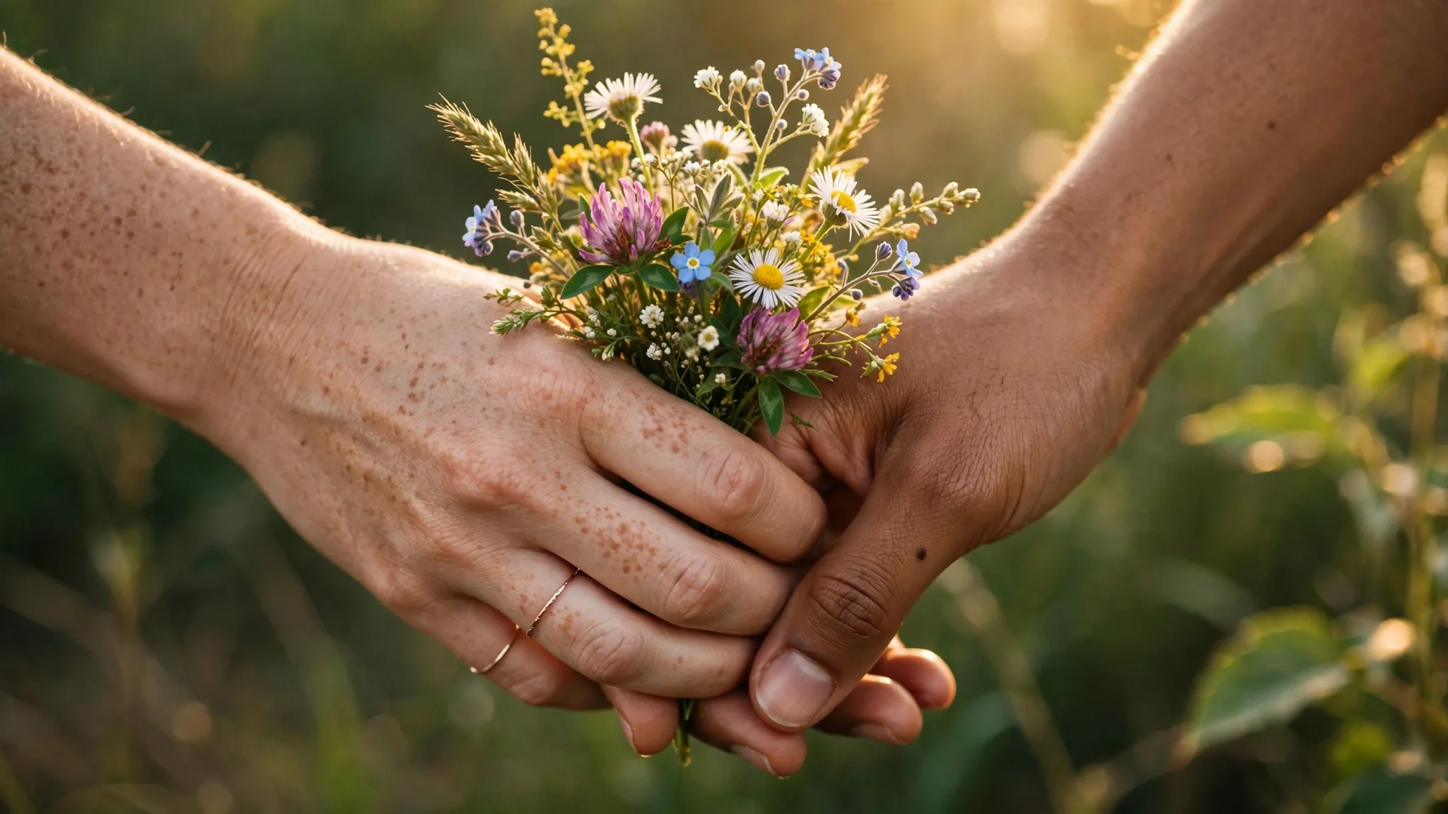 Intertwined hands holding wildflower bouquet in sunlight