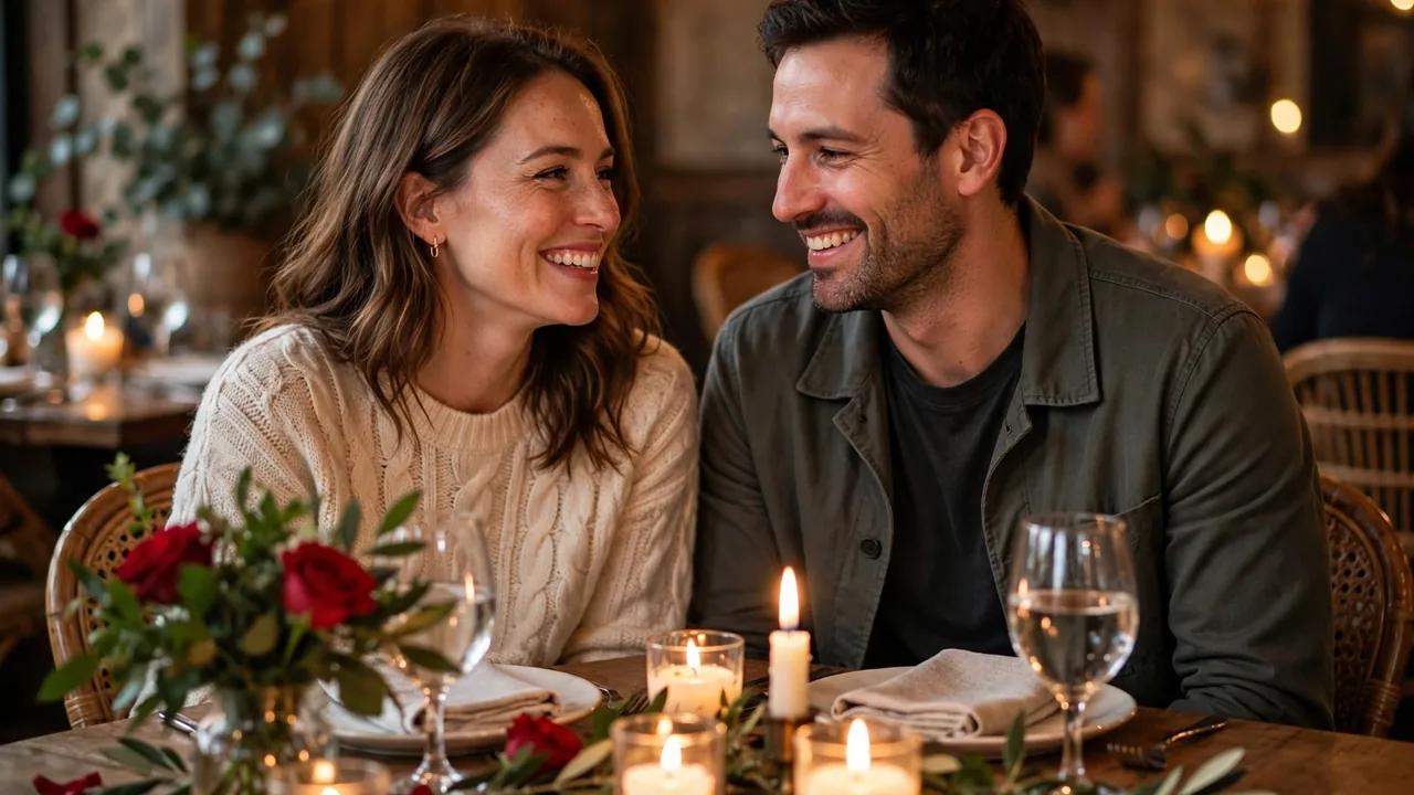 Smiling couple sharing a romantic candlelit dinner with roses on their 5th anniversary