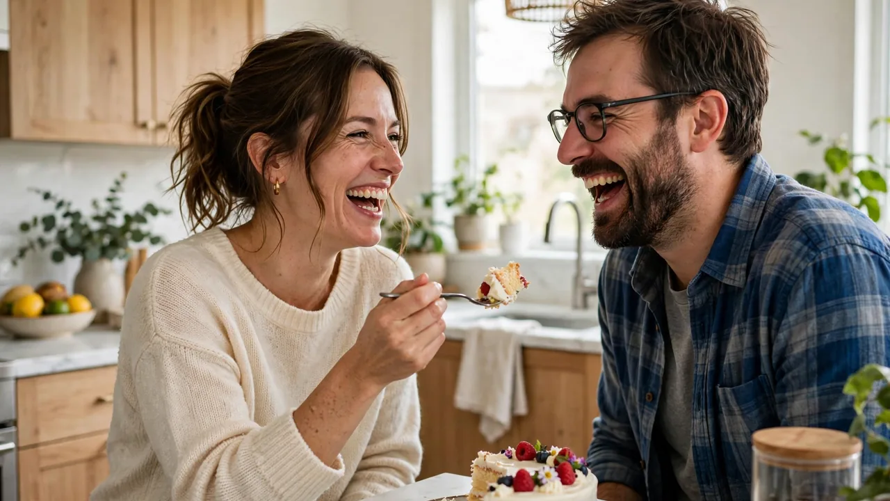 Laughing couple sharing anniversary cake together in a bright home kitchen