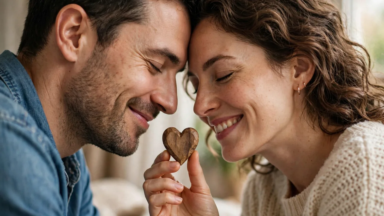 Happy couple smiling with foreheads touching, holding a small wooden heart