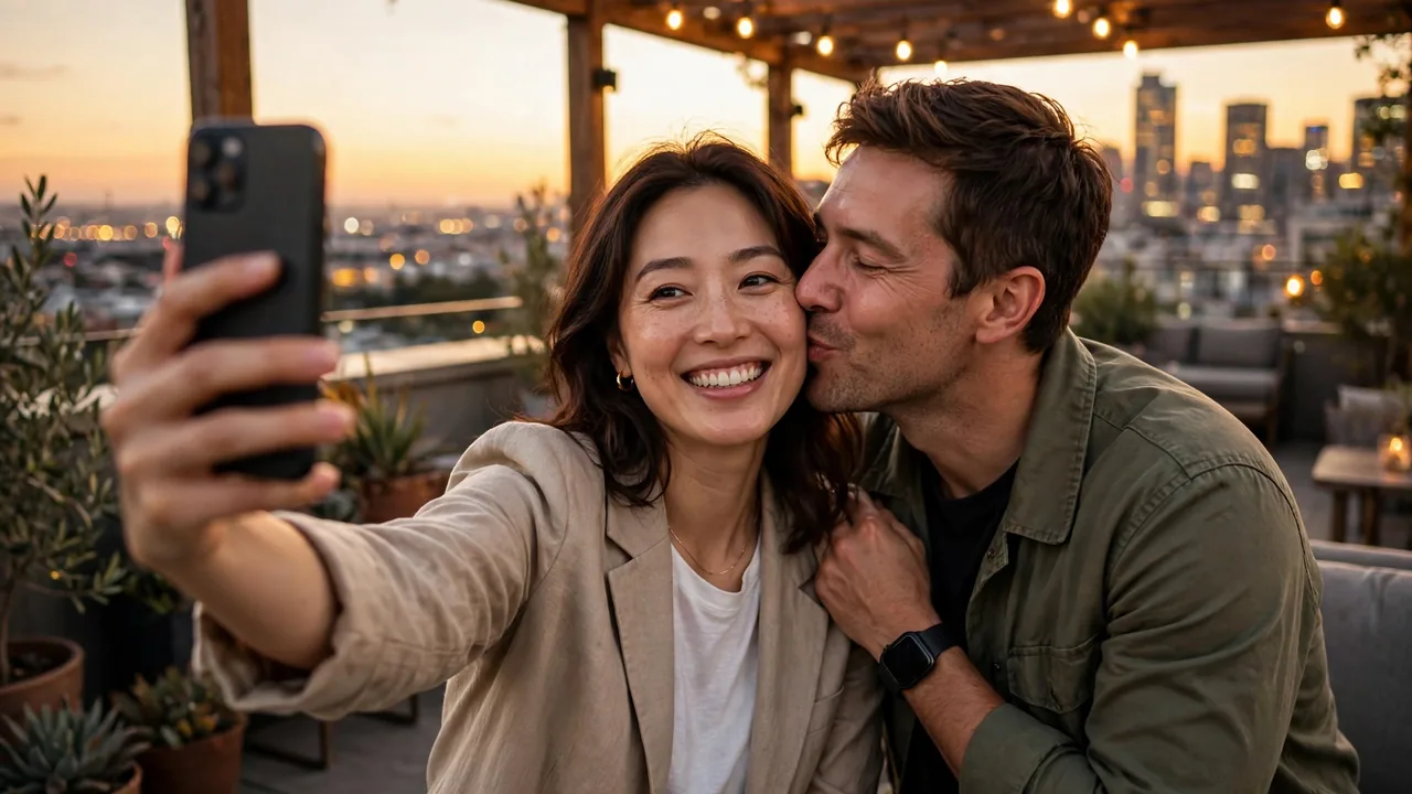 Smiling couple taking a cheerful selfie at sunset on a rooftop terrace