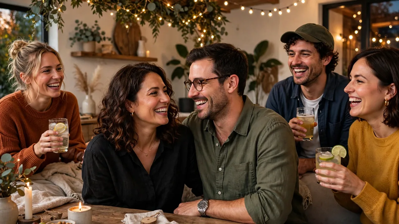 Happy couple celebrating their 5th anniversary with friends at a festive party