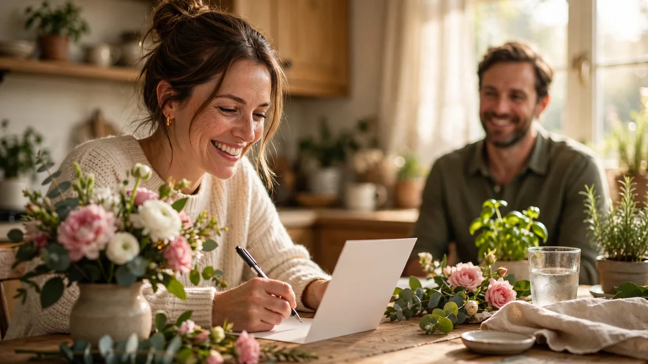 Smiling wife writing an anniversary greeting card at a sunlit table with her husband smiling in the background