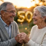 Elderly couple holding hands and smiling with golden 50th anniversary balloons behind them