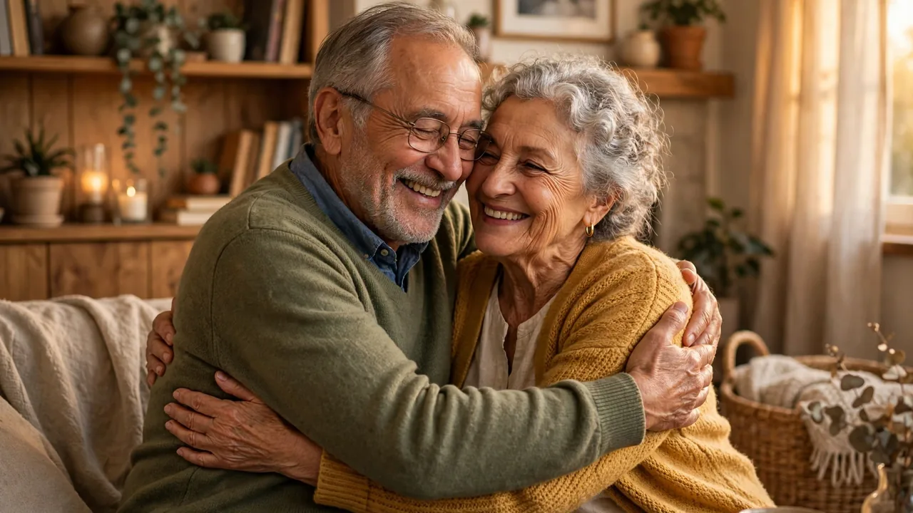 Elderly couple embracing in warm golden living room light