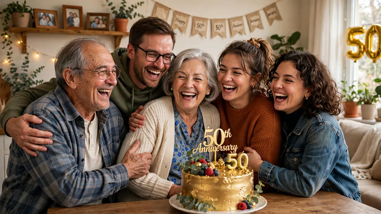 Adult children surprising parents with golden anniversary cake