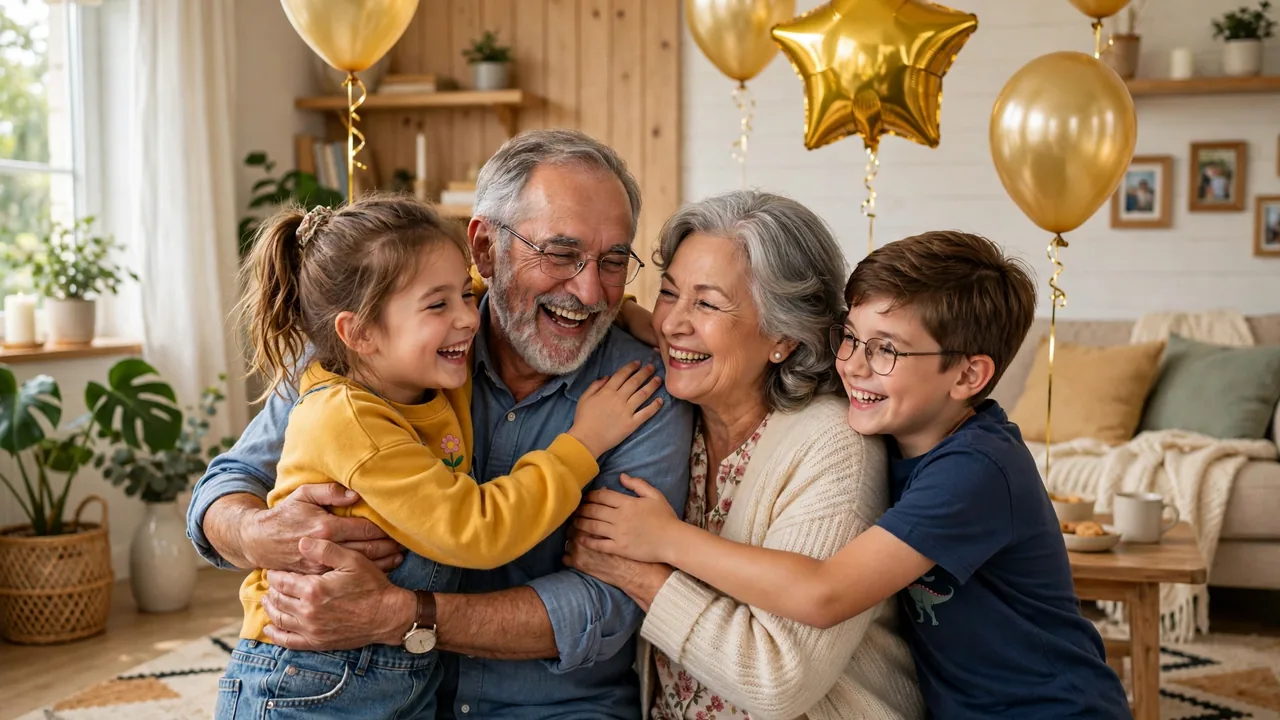 Grandchildren hugging grandparents with gold balloons