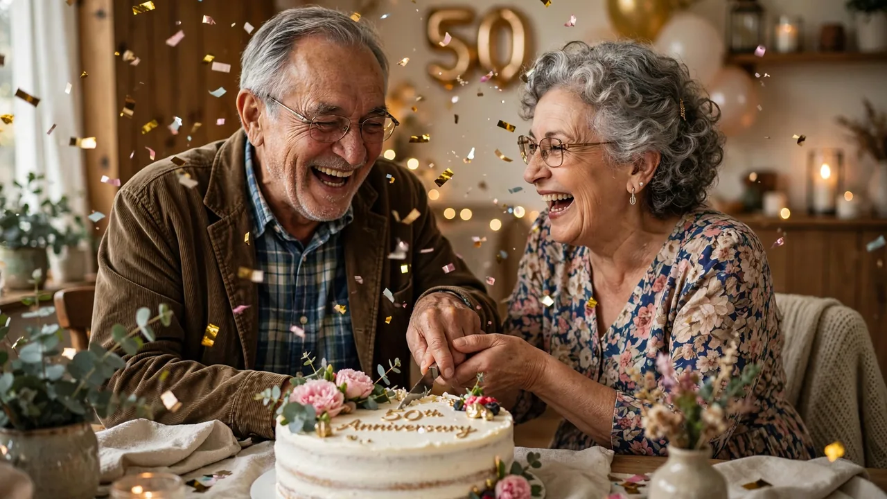 Laughing elderly couple cutting anniversary cake with confetti