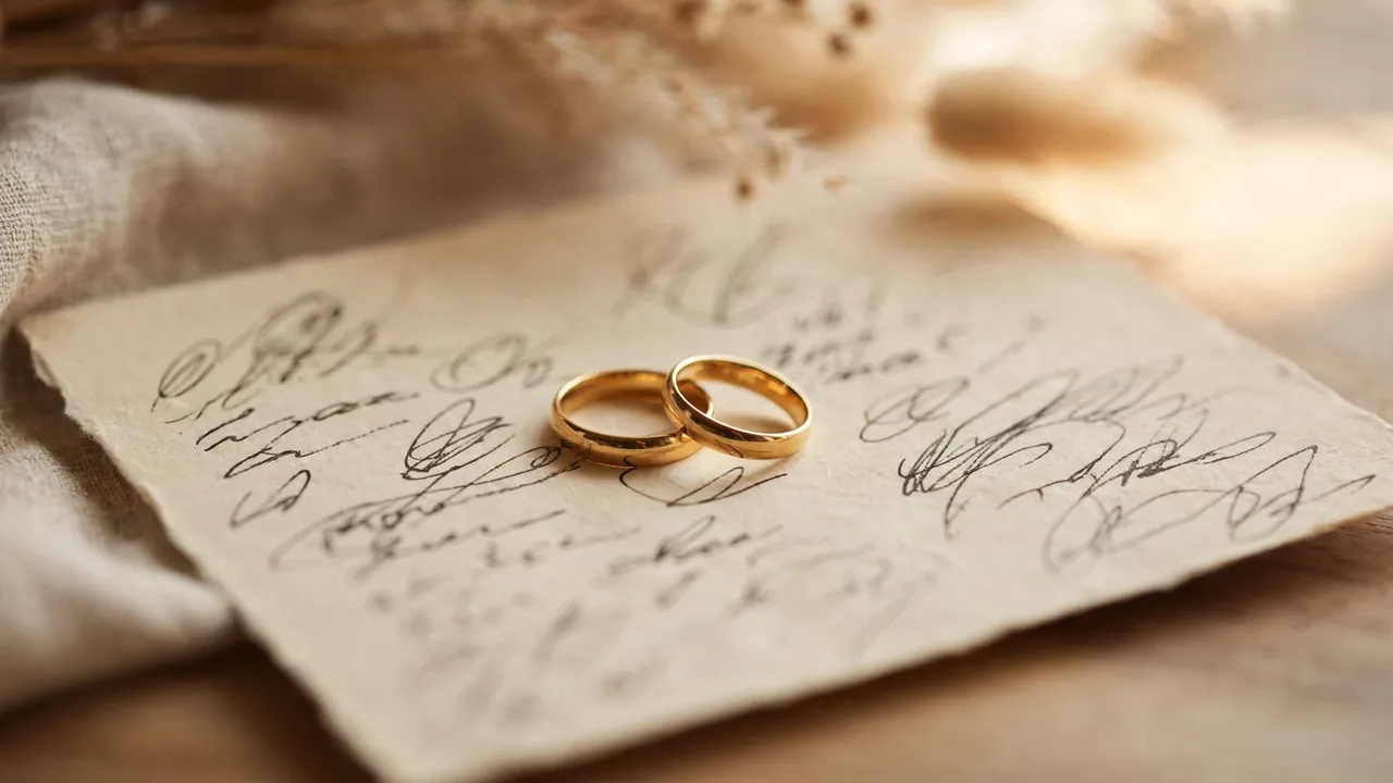 Gold wedding bands on handwritten anniversary card