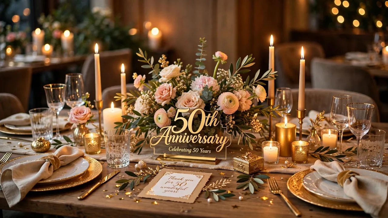 Gold-themed 50th anniversary party table with candles