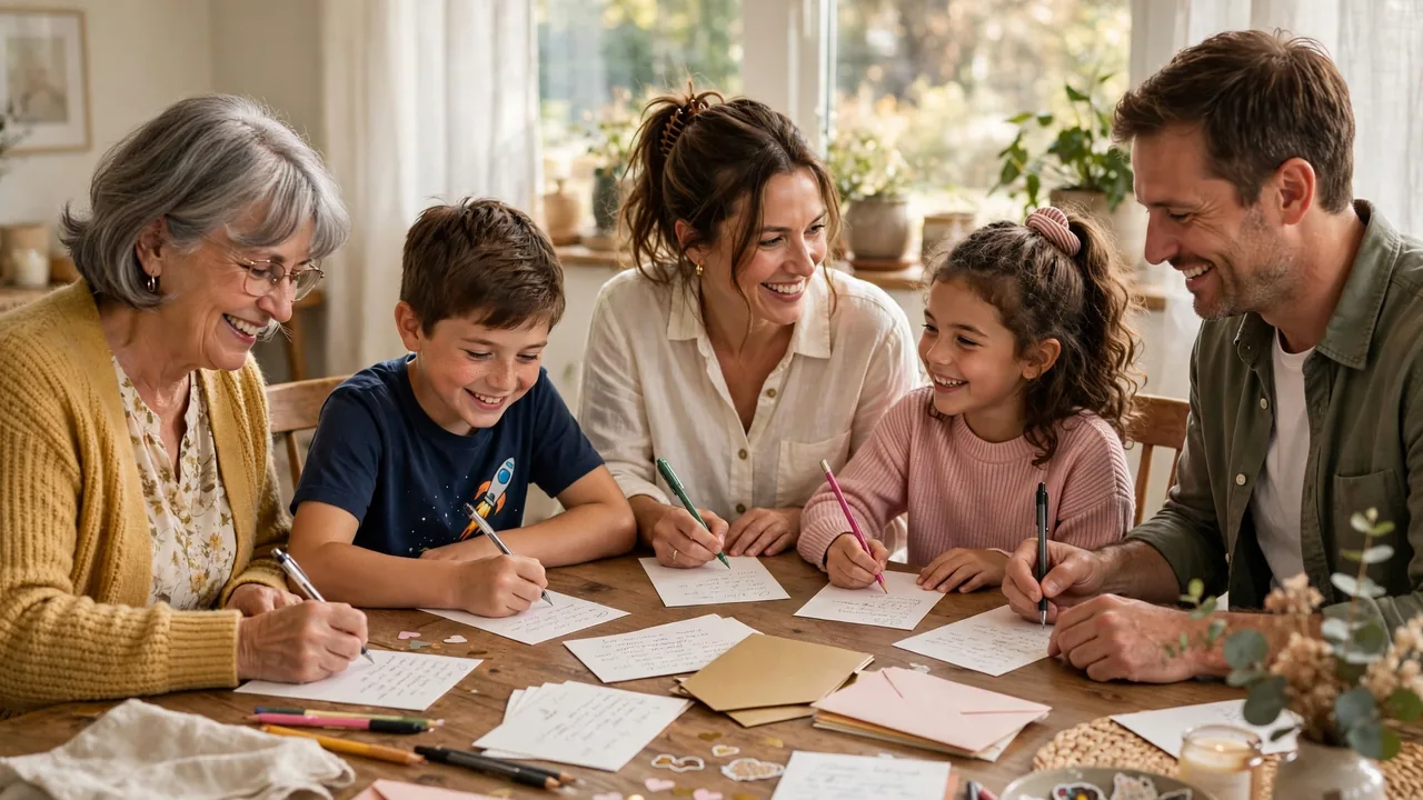 Family writing anniversary cards at dining table