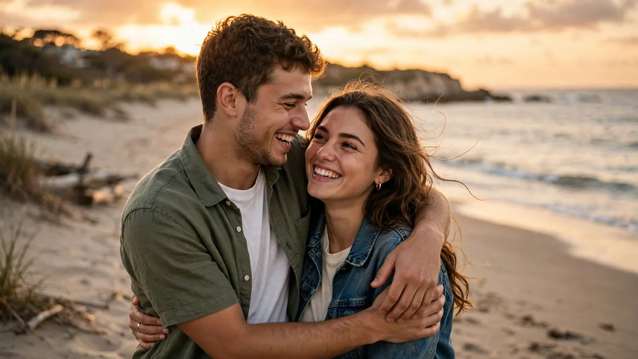 Smiling young couple embracing at sunset on a beach
