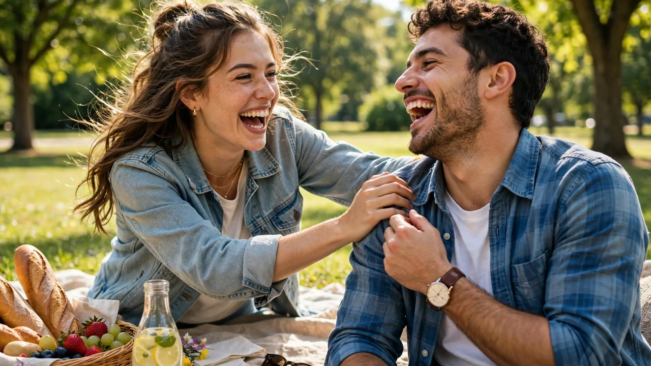 Playful young couple laughing together at a sunny park picnic