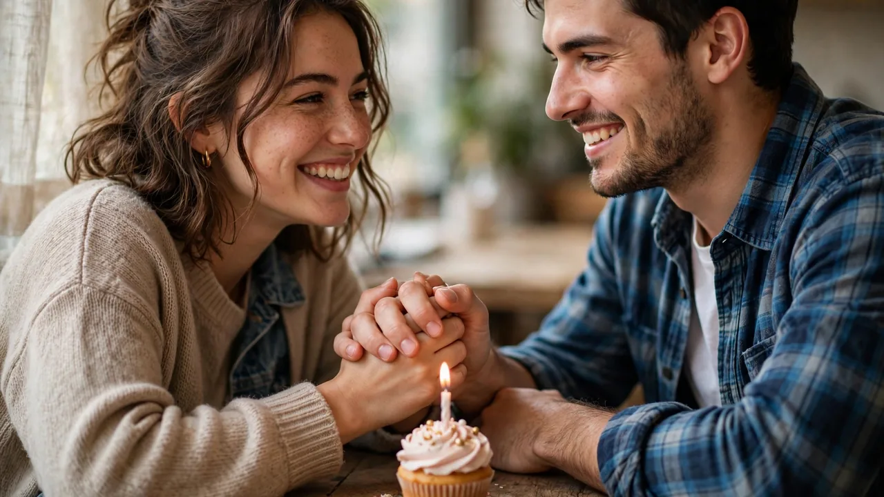 Smiling couple holding hands over a small anniversary cupcake