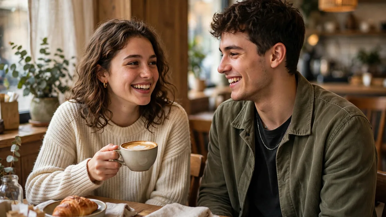 Happy stylish couple smiling in a cozy cafe