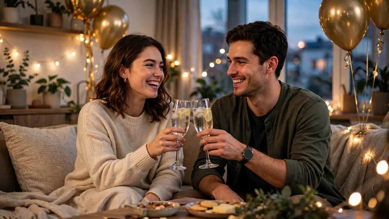 Happy couple toasting at a festive home celebration with balloons