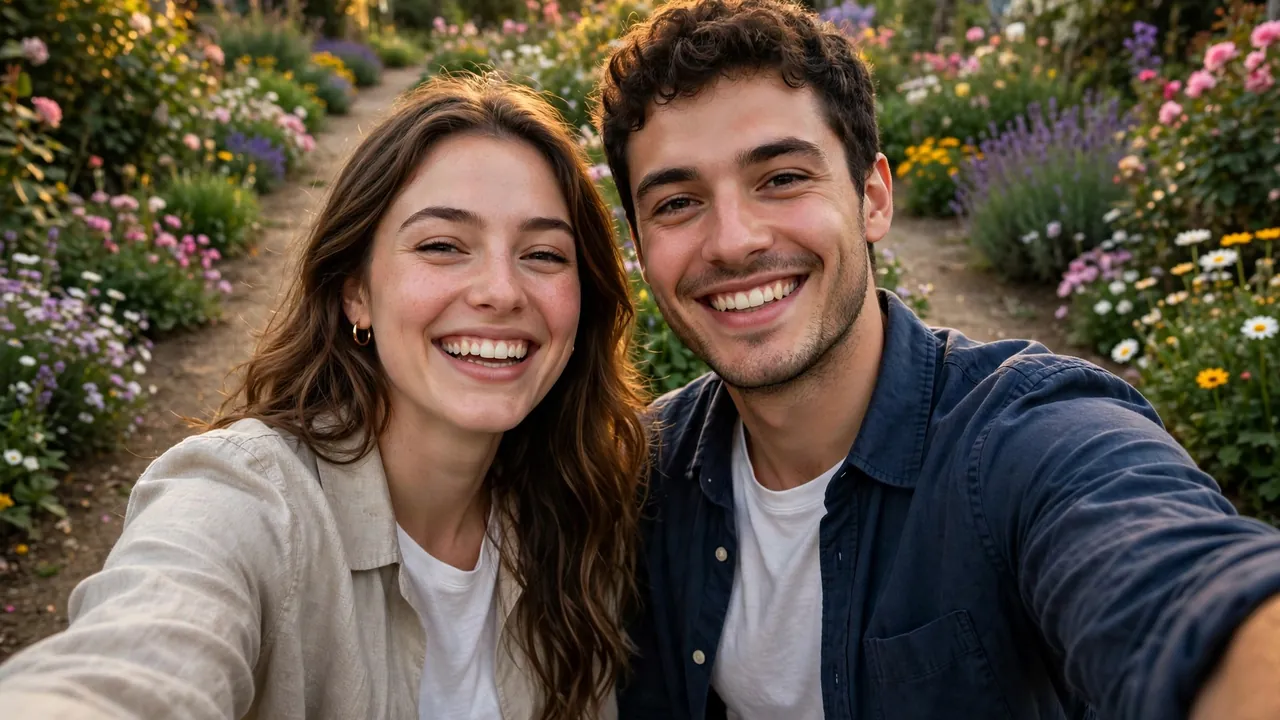 Cheerful couple taking a selfie together on a flower garden path