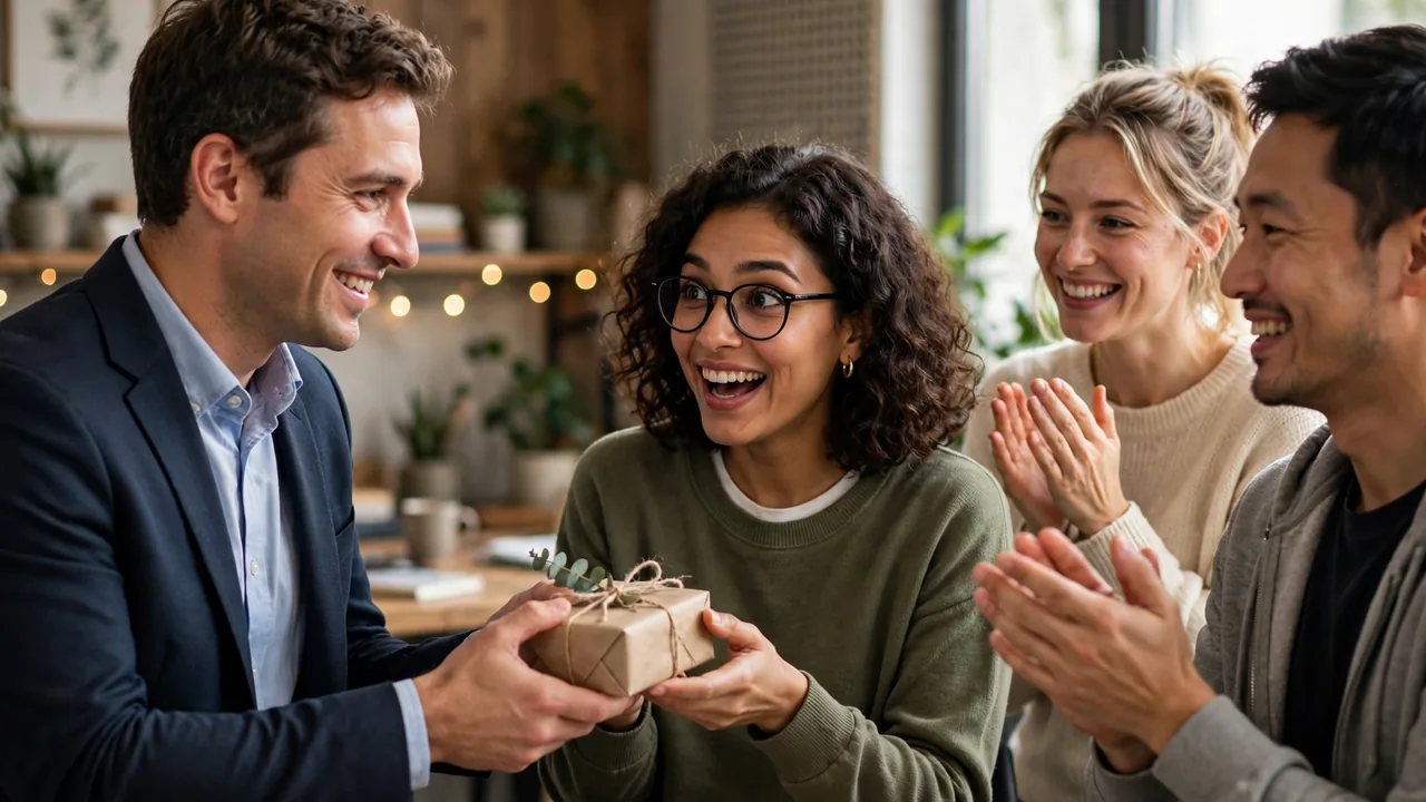 Manager handing an anniversary gift to a surprised happy employee as colleagues applaud