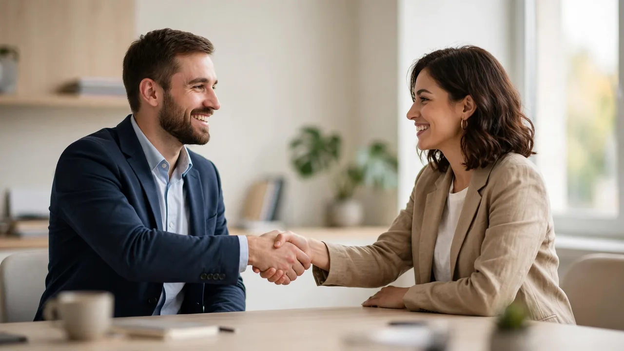 Professional handshake across a bright modern office desk