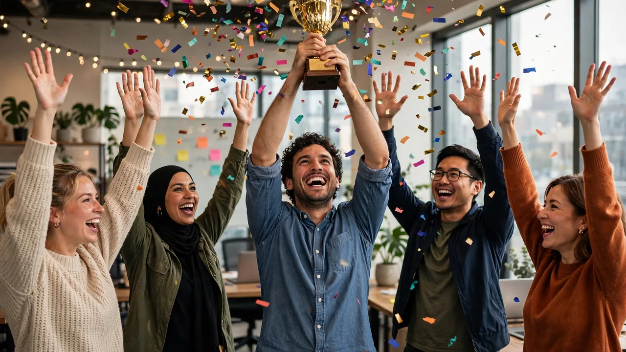 Employee lifting a trophy overhead as cheering team throws confetti