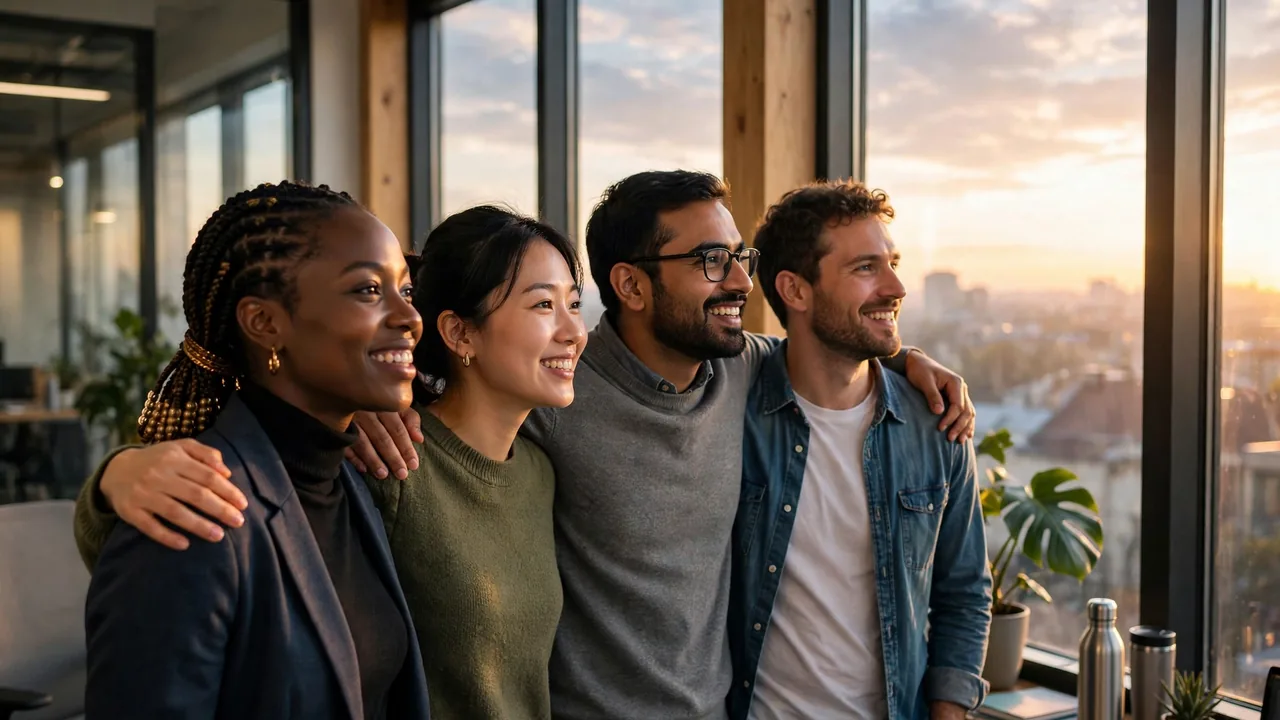 Diverse team standing together by bright sunrise office windows