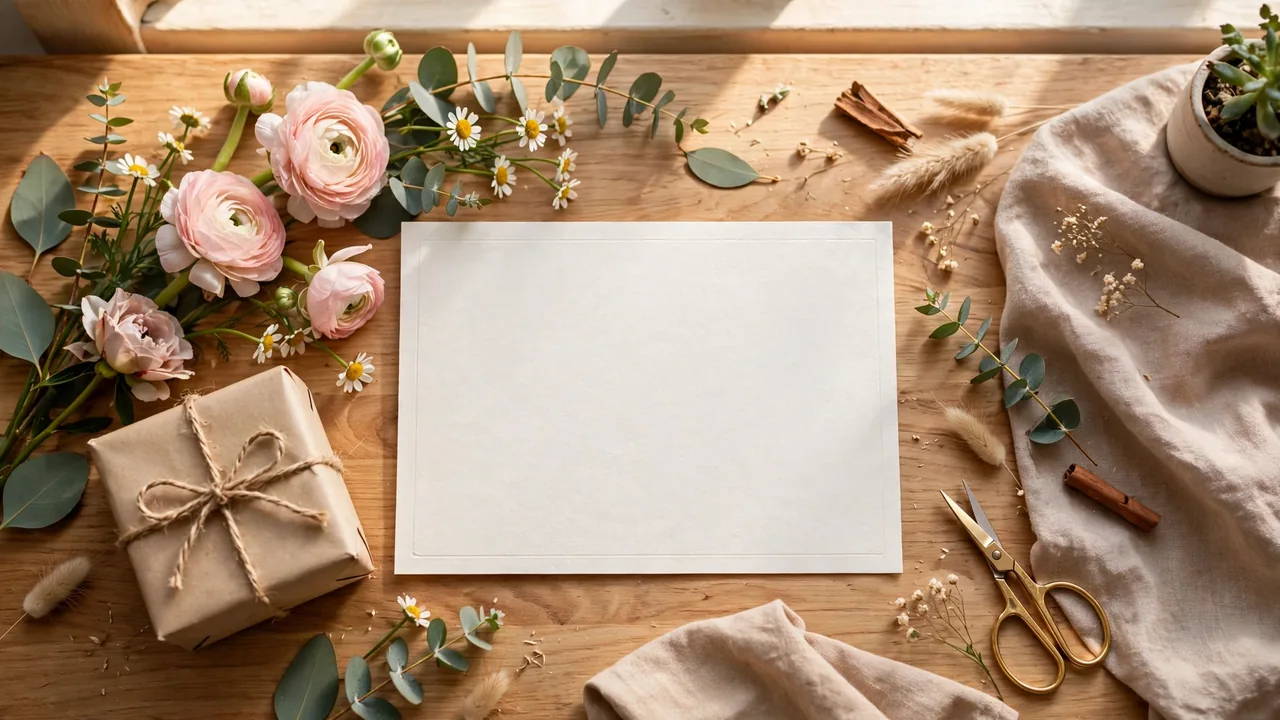Elegant blank greeting card with gift box and flowers on a bright desk