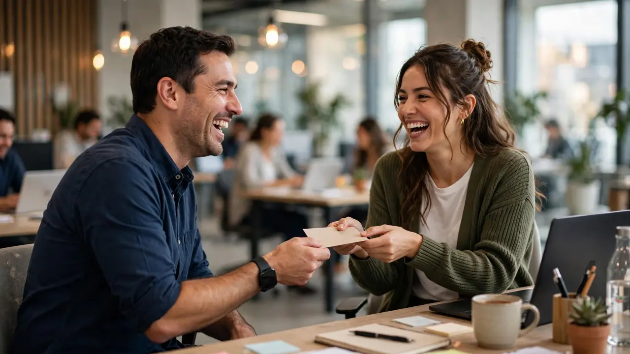 Smiling manager handing a handwritten thank-you card to an employee at an office desk