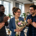 Smiling diverse office team applauding a happy employee holding flowers in a bright modern office