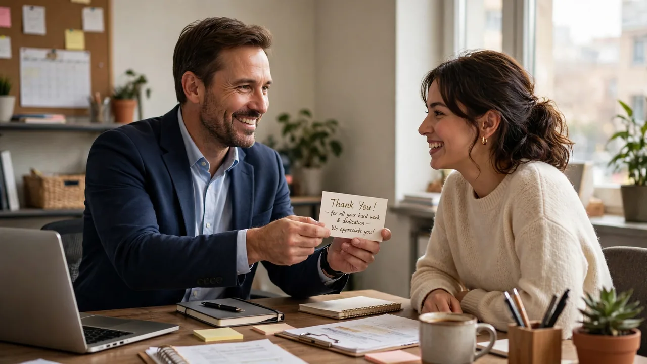 Manager handing thank-you card to smiling employee