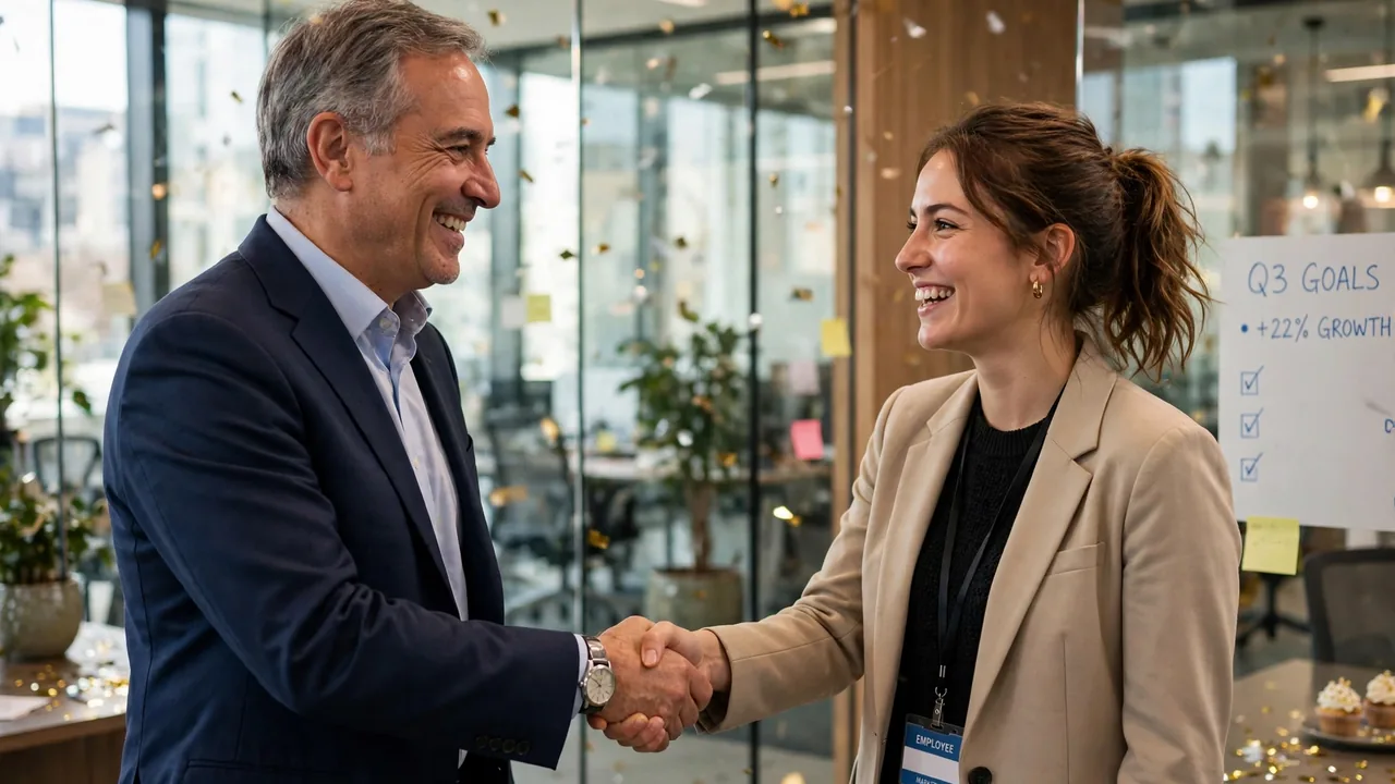 CEO shaking hands with proud employee in office