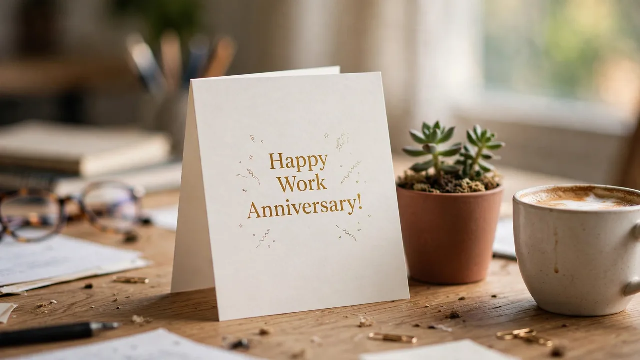 Happy Work Anniversary greeting card on office desk